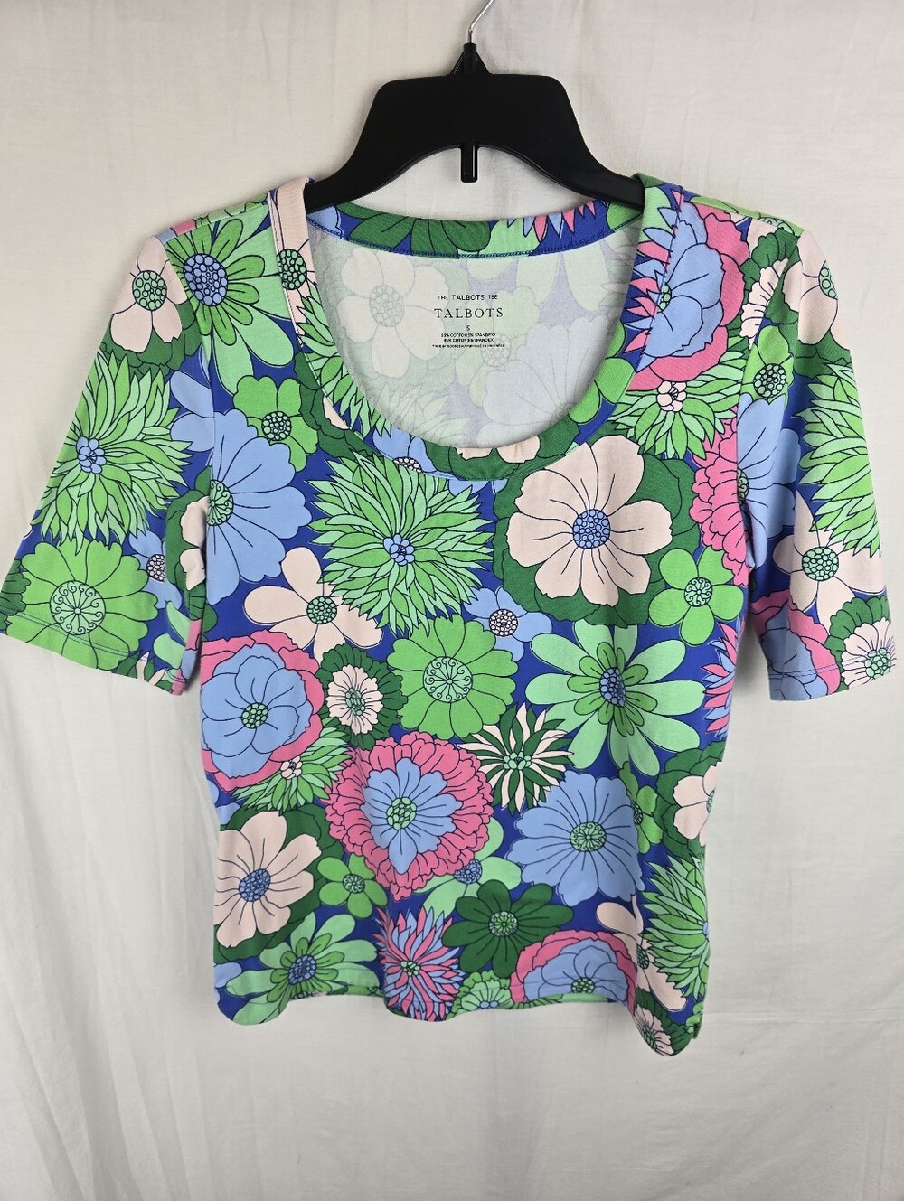 Talbots Green Multi Colored Short Sleeve Floral Scoop Neck Shirt Sz S